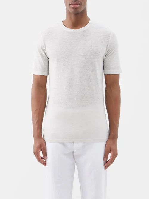 120% Lino - Crew-neck Linen T-shirt - Mens - Light Grey