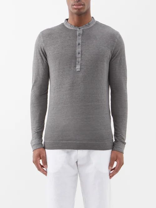 120% Lino - Linen Long-sleeved Henley Shirt - Mens - Grey