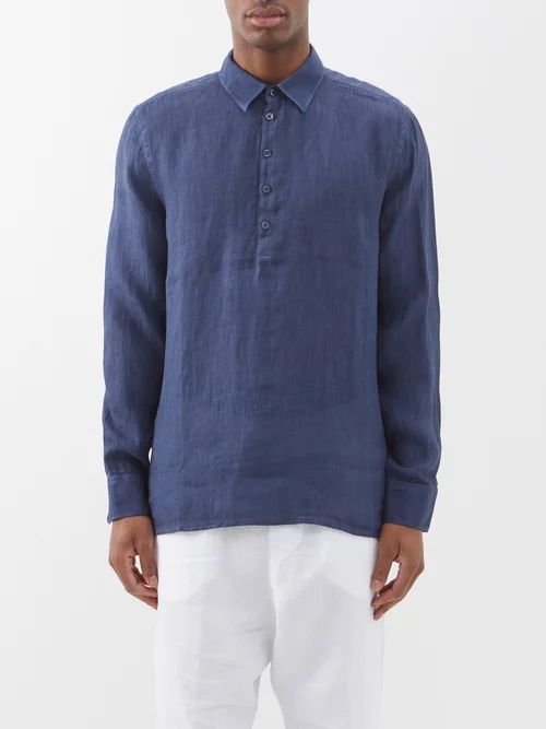 120% Lino - Linen-voile Quarter-button Shirt - Mens - Navy