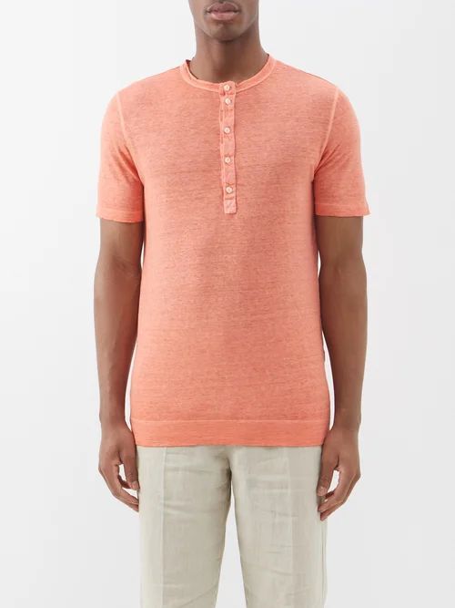 120% Lino - Linen-jersey Short-sleeved Henley Top - Mens - Orange