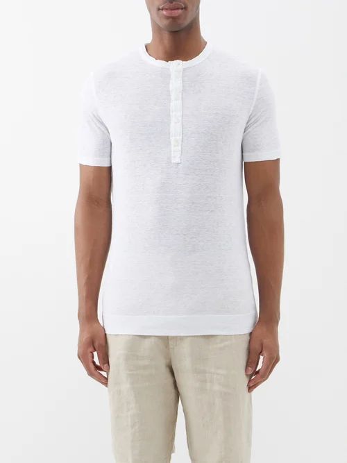 120% Lino - Linen-jersey Short-sleeved Henley Top - Mens - White