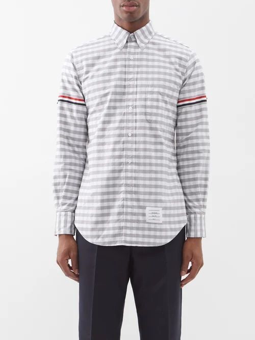 Tricolour-stripe Gingham Cotton-poplin Shirt - Mens - Mid Grey