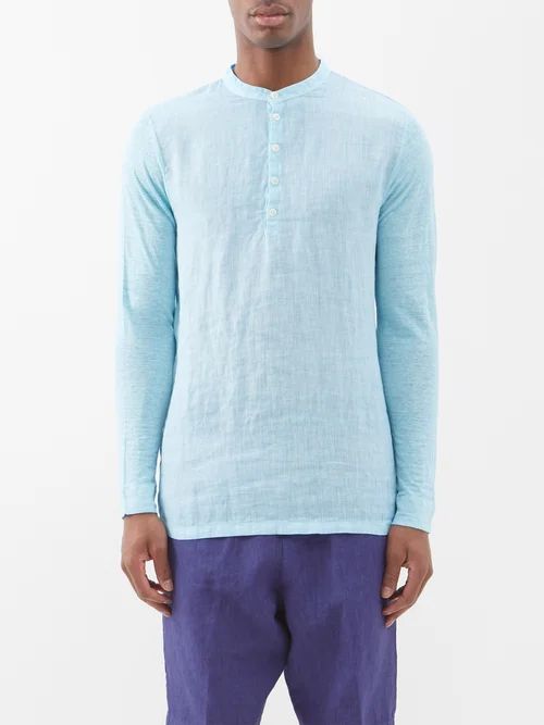 120% Lino - Long-sleeved Linen Henley Top - Mens - Blue
