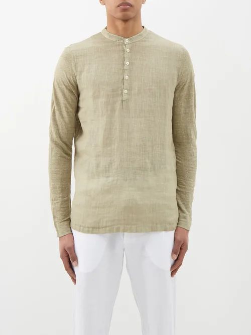 120% Lino - Collarless Linen-voile Half-button Shirt - Mens - Khaki