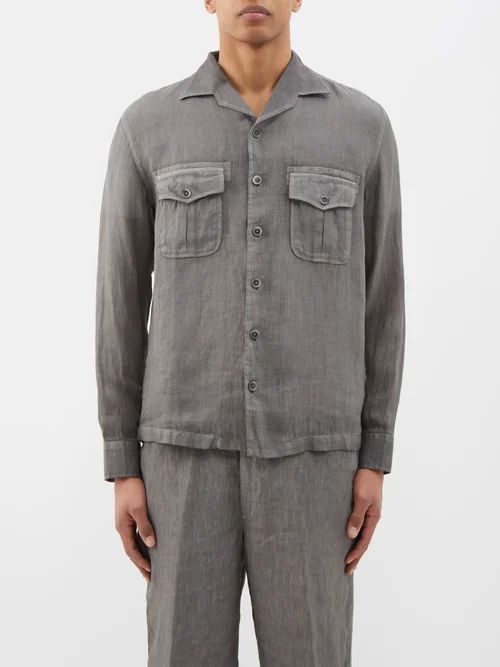 120% Lino - Flap-pocket Linen Shirt - Mens - Grey
