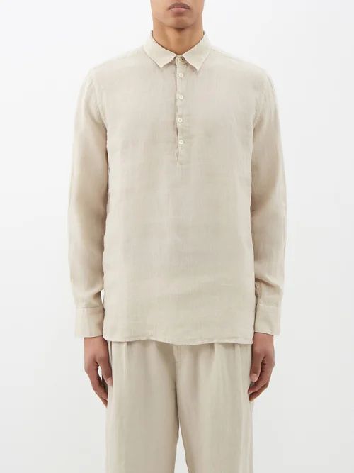 120% Lino - Linen-voile Quarter-button Shirt - Mens - Beige