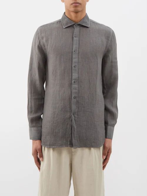 120% Lino - Linen-voile Shirt - Mens - Grey