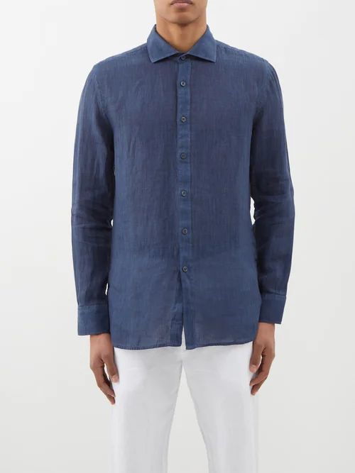 120% Lino - Linen-voile Shirt - Mens - Navy