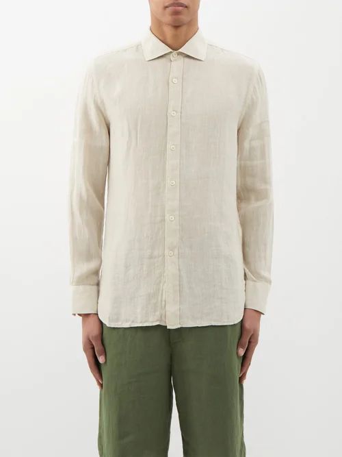 120% Lino - Long-sleeved Linen Shirt - Mens - Beige