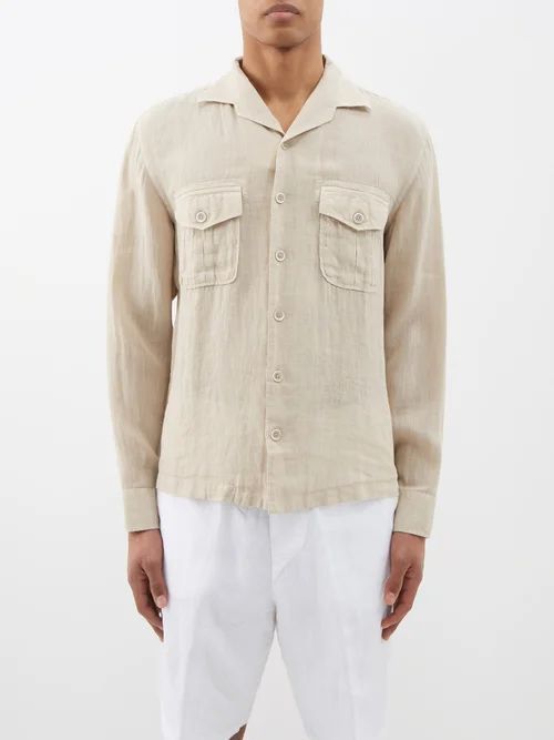 120% Lino - Patch Pocket Linen-voile Shirt - Mens - Beige