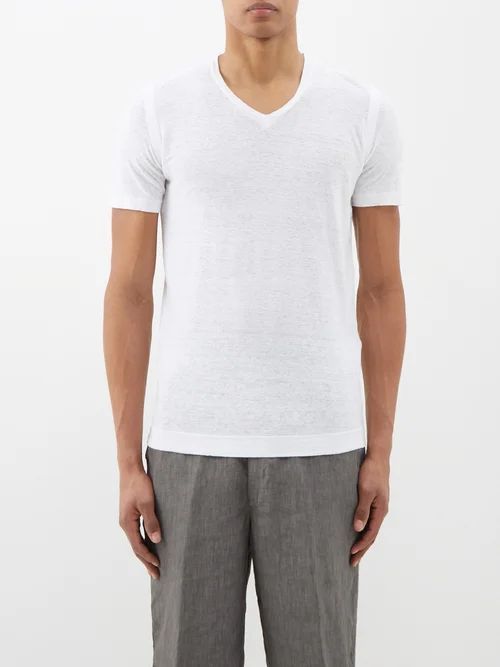 120% Lino - V-neck Linen T-shirt - Mens - White
