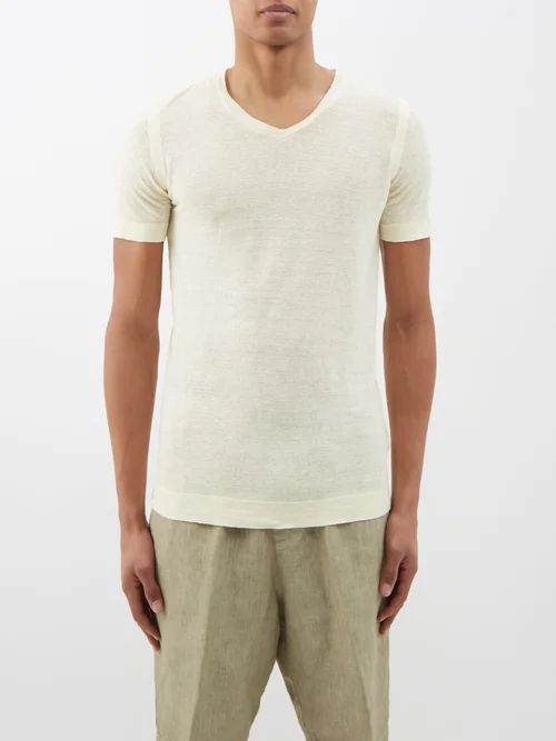 120% Lino - V-neck Linen T-shirt - Mens - Yellow