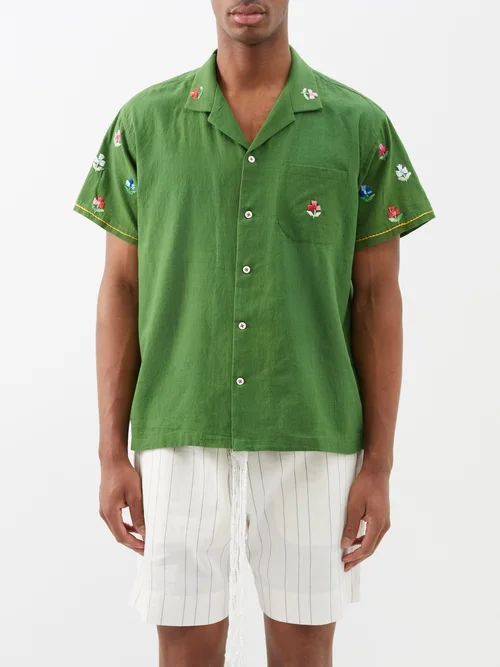 Floral-embroidered Cotton Shirt - Mens - Green Multi