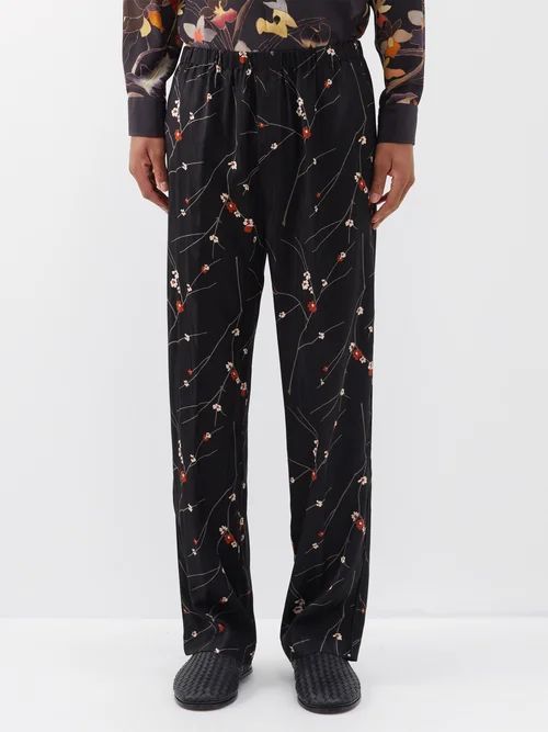 Floral-print Satin Trousers - Mens - Black Multi
