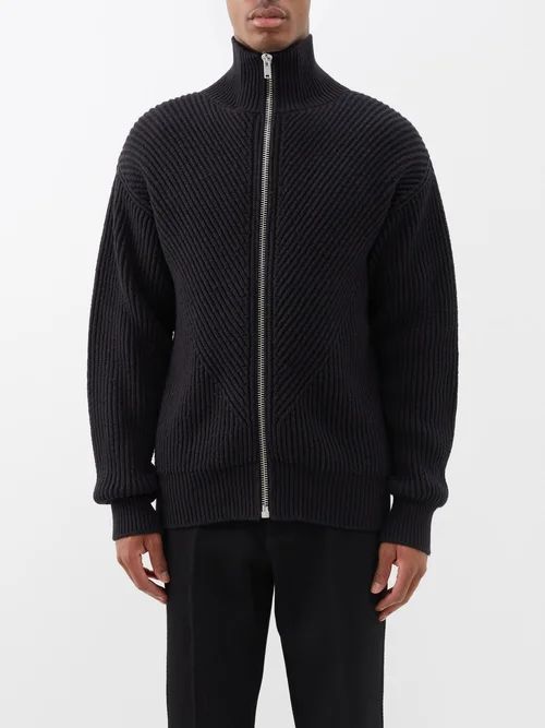 High-neck Ribbed-knit Zipped Cardigan - Mens - Black