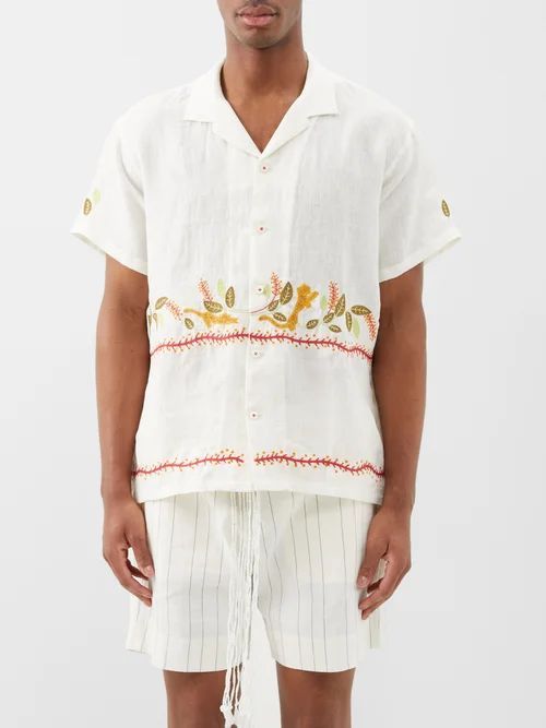 Safari Tiger-embroidered Linen Shirt - Mens - White Multi