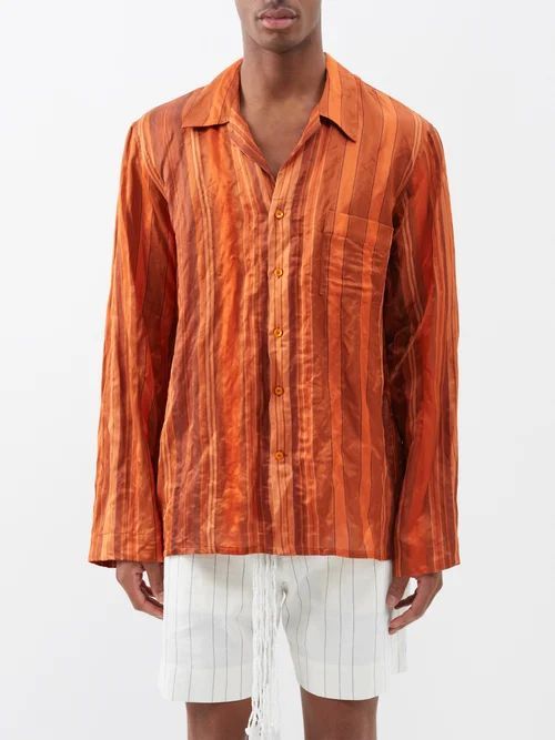 Stripe-print Cuban-collar Silk Shirt - Mens - Orange Multi
