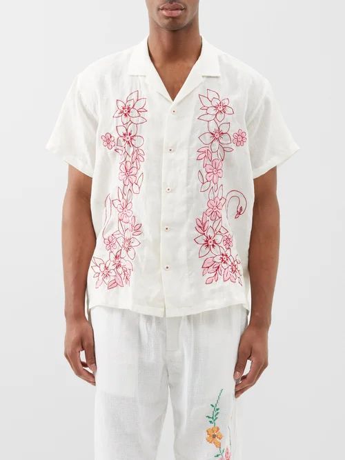 Swan-embroidered Linen Shirt - Mens - White Multi