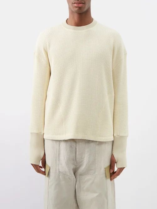 Waffle-knit Cotton Long-sleeved T-shirt - Mens - Cream