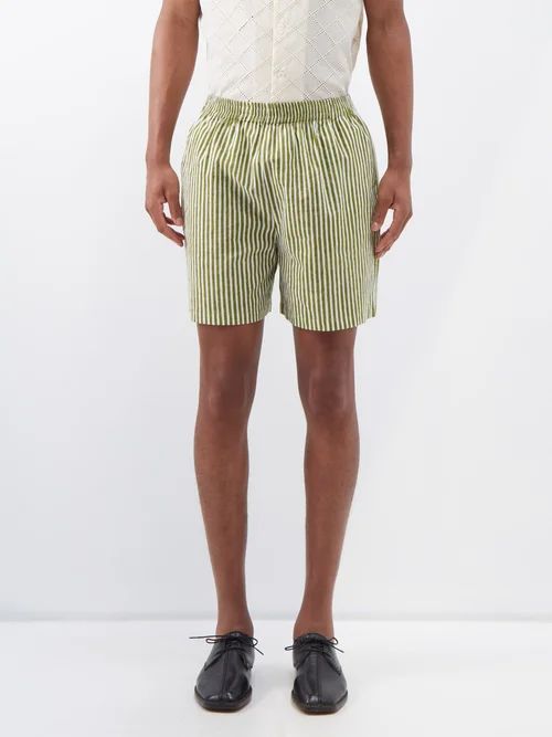 Elasticated-waist Striped Cotton Shorts - Mens - Green Multi