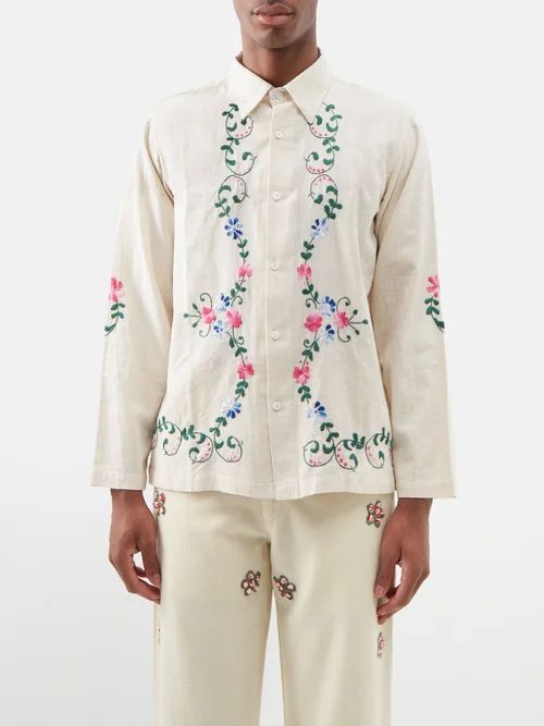 Floral-embroidered Cotton Shirt - Mens - Cream Multi