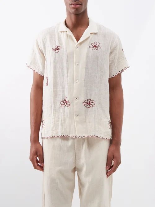 Floral-embroidered Cotton-blend Shirt - Mens - Cream Multi