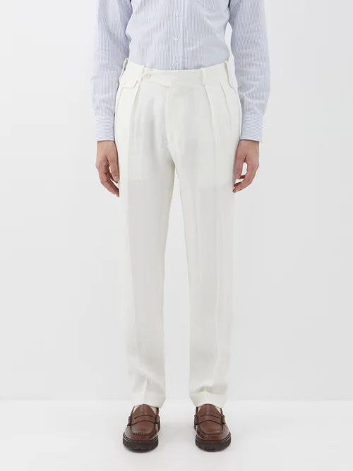 Herringbone Pleated Linen Trousers - Mens - Cream