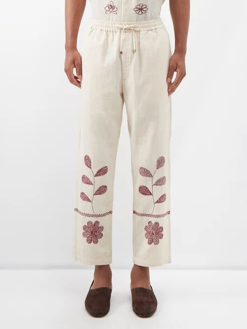 Kantha Floral-embroidered Cotton Trousers - Mens - Cream Multi