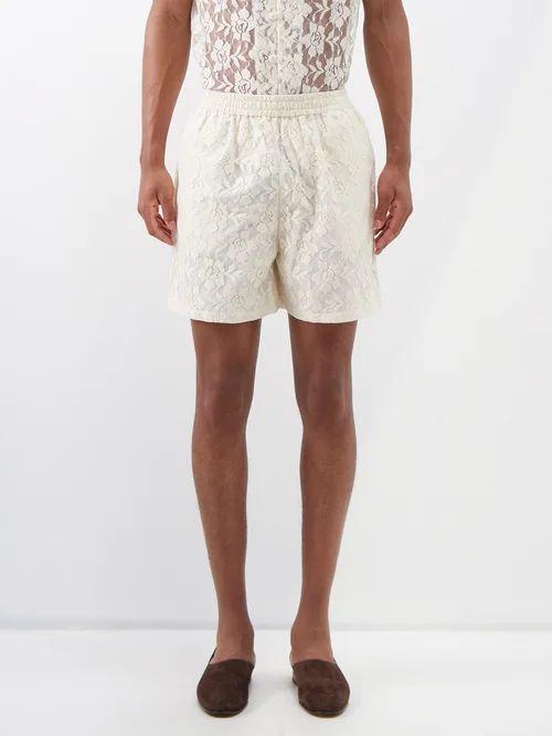 Lace-overlay Elasticated-waist Cotton Shorts - Mens - Cream