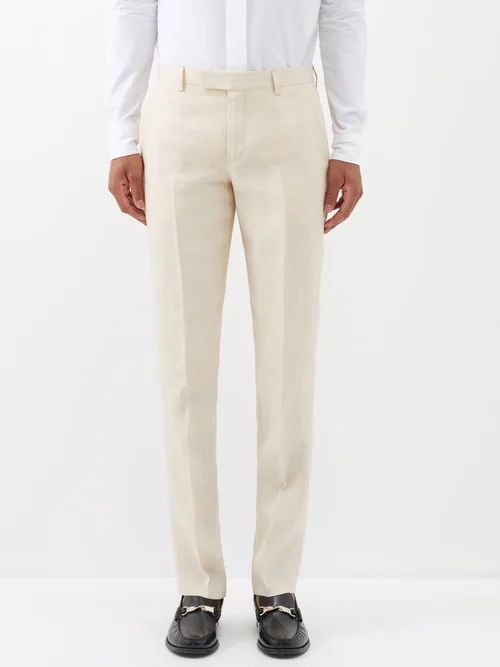 Pleated Linen Slim-leg Suit Trousers - Mens - Cream