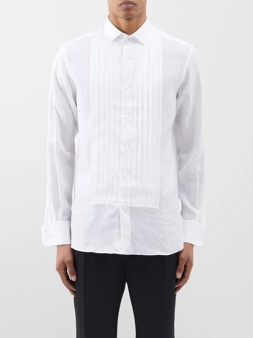 Pleated-bib Linen Tuxedo Shirt - Mens - White