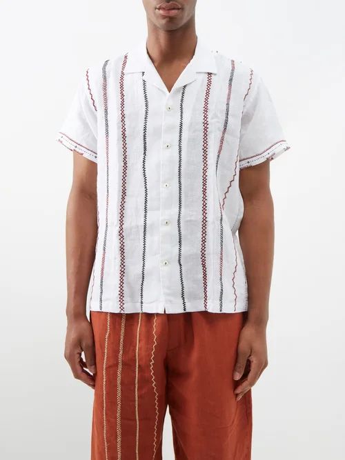 Stripe-embroidered Linen Shirt - Mens - White Multi