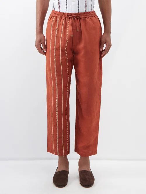 Stripe-embroidered Linen Trousers - Mens - Brown Multi