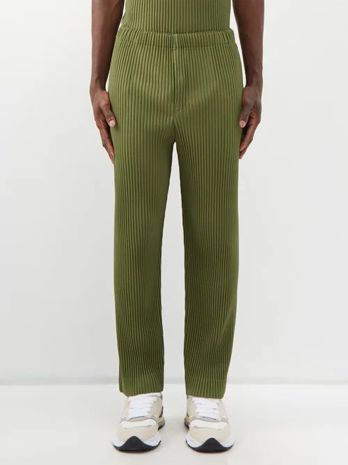 Technical-pleated Slim-leg Trousers - Mens - Olive Green