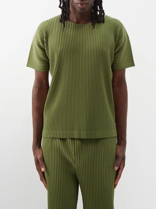 Technical-pleated T-shirt - Mens - Olive Green