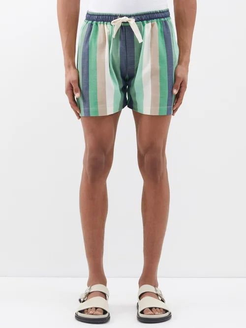 Drawstring Striped-cotton Shorts - Mens - Green Blue