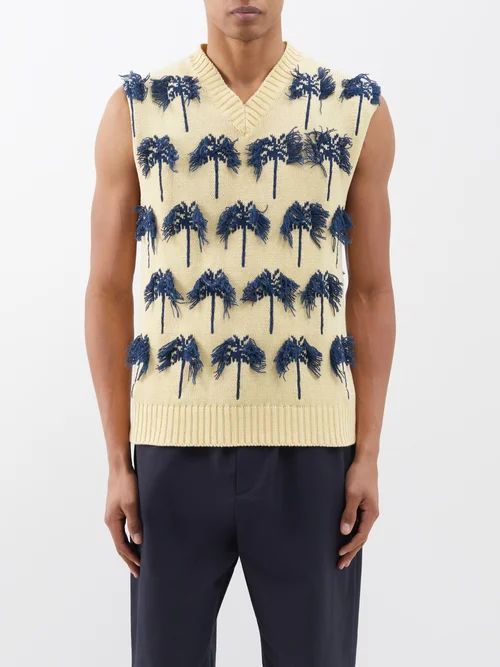 Palm Tree-jacquard Cotton-blend Sweater Vest - Mens - Yellow Multi