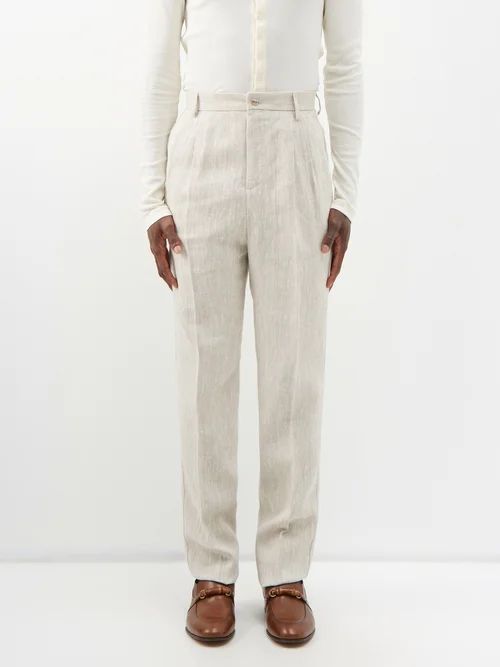 Pleated Linen Trousers - Mens - Beige