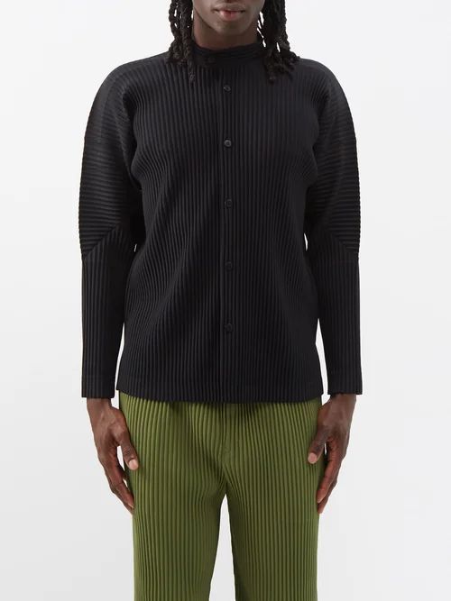 Stand-collar Technical-pleated Shirt - Mens - Black