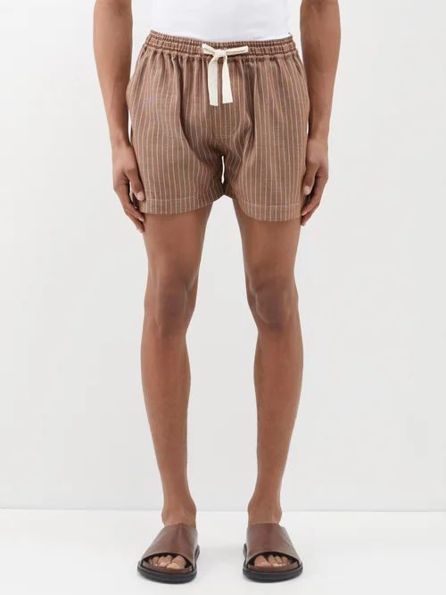 Striped Drawstring Cotton Shorts - Mens - Brown