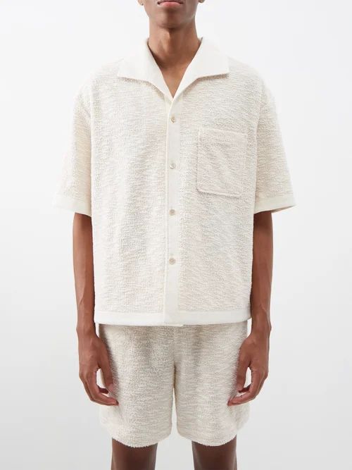 Short-sleeved Patch-pocket Bouclé Shirt - Mens - Cream