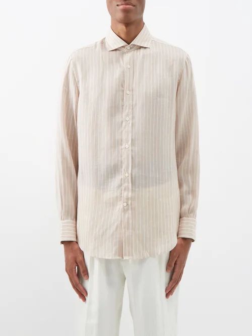 Striped Linen-blend Shirt - Mens - Light Brown