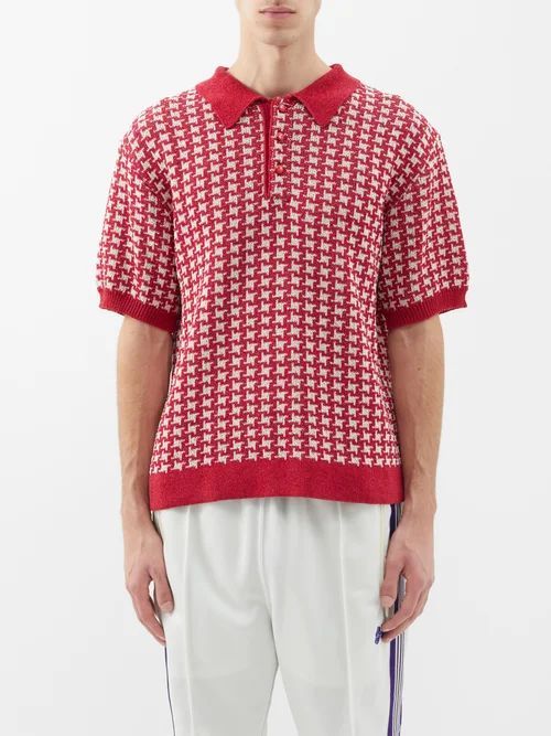 Houndstooth-intarsia Paper-blend Polo Shirt - Mens - Red