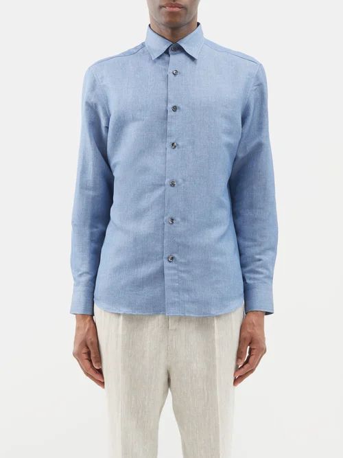 Linen-blend Shirt - Mens - Blue