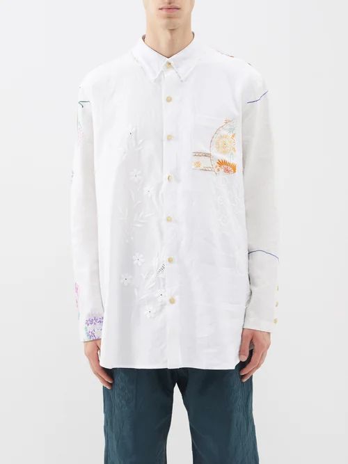 Nathan 1920s Floral-embroidery Linen Shirt - Mens - Natural
