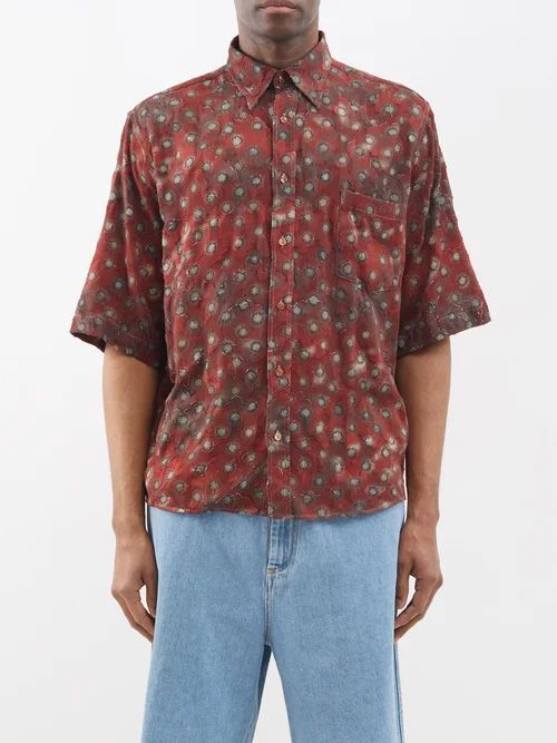 Sambler Daises-appliquéd Cotton Shirt - Mens - Red Multi