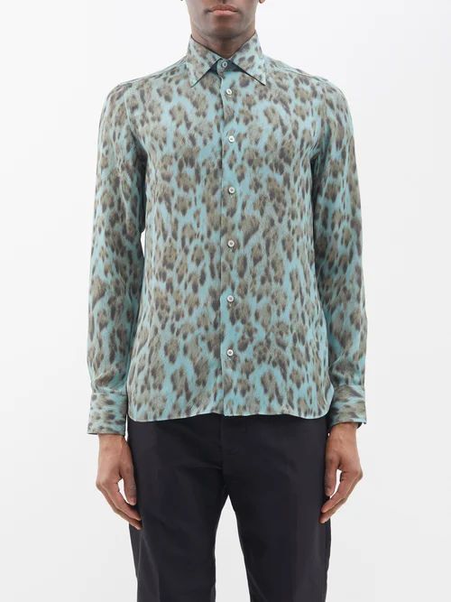 Cheetah-print Silk Crepe-de-chine Shirt - Mens - Blue Multi