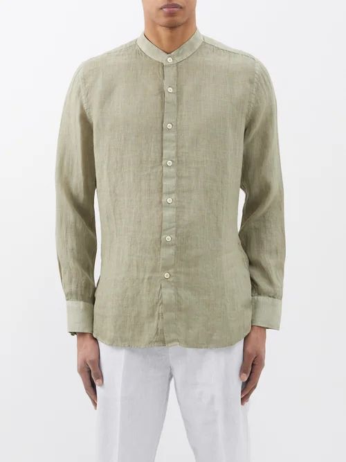 120% Lino - Stand-collar Linen Shirt - Mens - Khaki