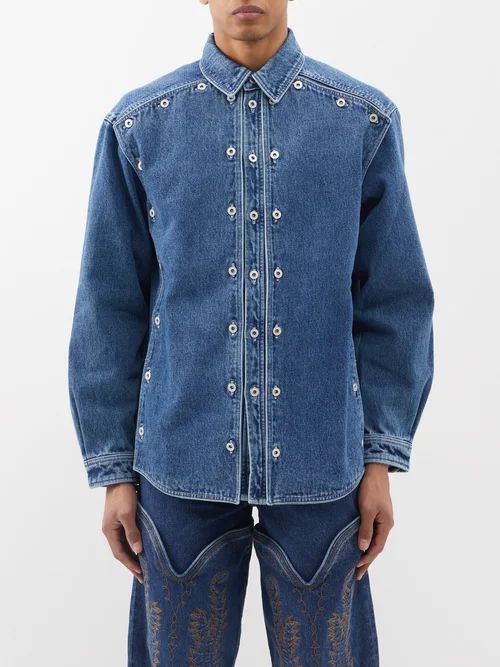 Buttoned-panel Organic Denim Shirt - Mens - Blue Navy