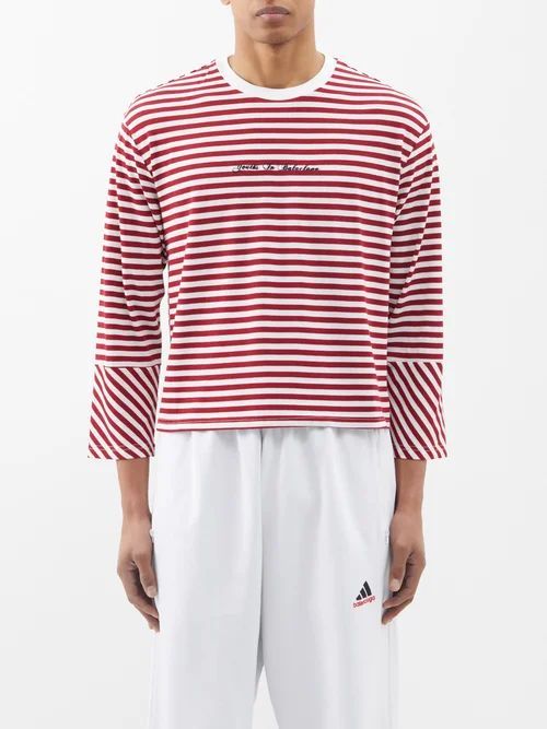 Logo-embroidered Striped Cotton-blend T-shirt - Mens - Red